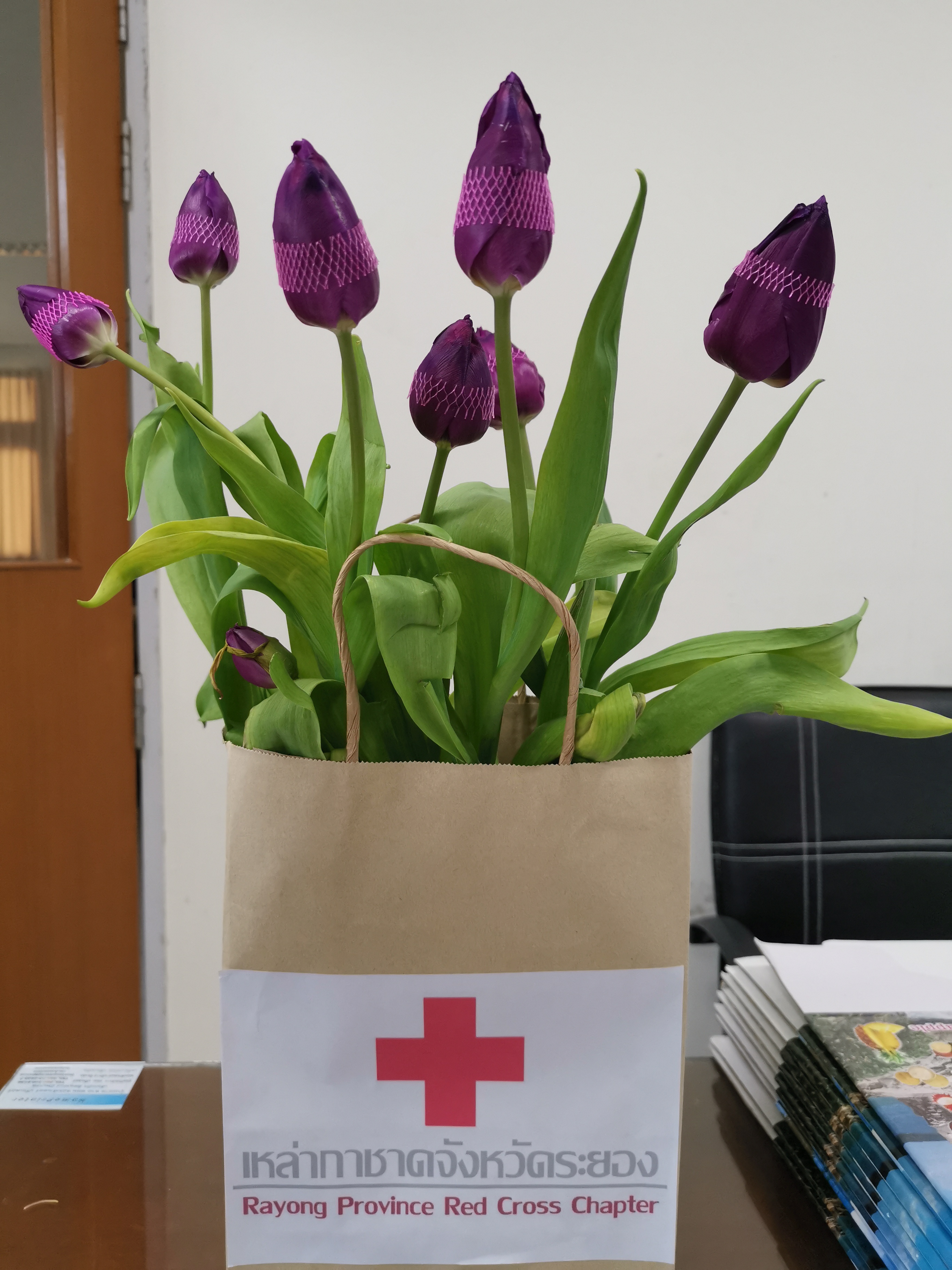 “ผู้ว่าฯ ระยอง พร้อมด้วยนายกเหล่ากาชาดจังหวัดระยอง มอบดอกทิวลิป ให้พัฒนาการจังหวัดระยอง เพื่อประชาสัมพันธ์การจัดจำหน่ายดอกทิวลิป นำรายได้ ช่วยเหลือครอบครัวผู้ได้รับผลกระทบจากโรคติดเชื้อไวรัสโคโรน่า 2019 (COVID-19)”