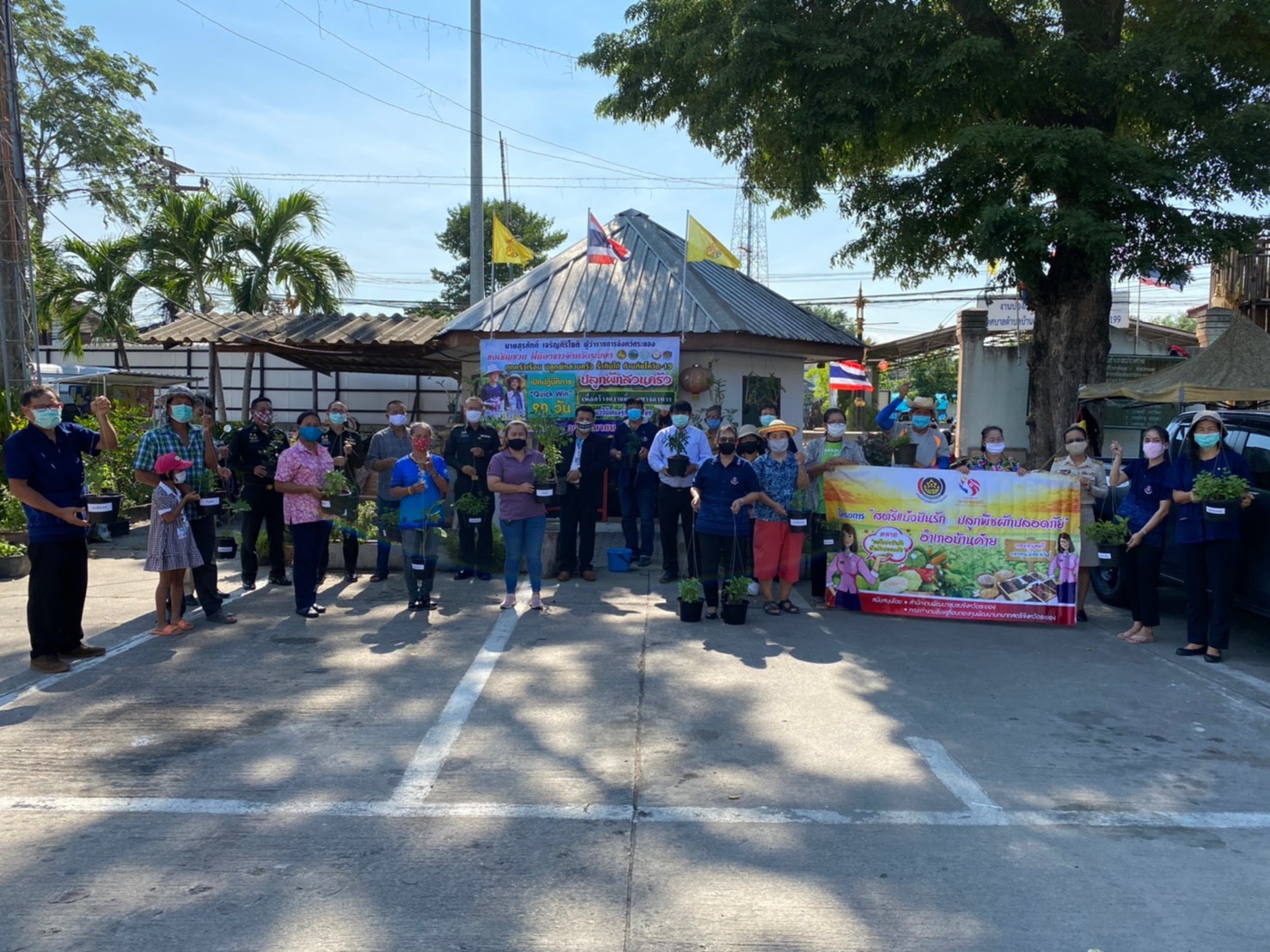 พช.ระยอง ช่วยกันเอามื้อลงมือเอาแรง ปลูกผักสวนครัว เพื่อสร้างความมั่นคงทางอาหาร บริเวณบ้านพักท่านนายอำเภอบ้านค่าย